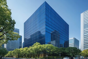 Modern blue glass skyscraper in city with green trees.