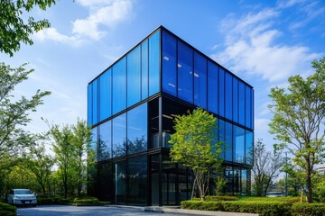 Modern glass cube office building with blue tinted windows, surrounded by green landscaping.