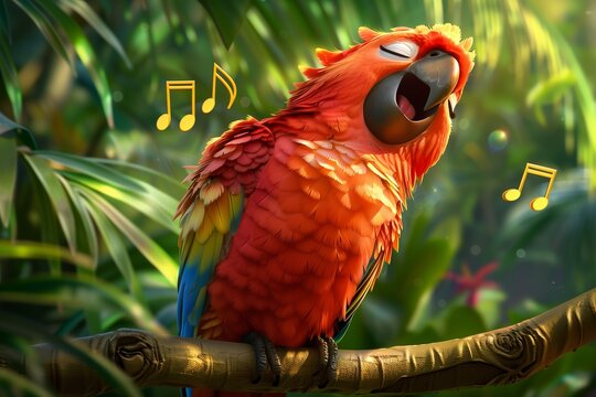 A vibrant parrot singing joyfully in a lush green jungle, showcasing its colorful feathers and playful spirit.