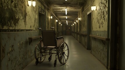 Fototapeta premium Empty wheelchair resting silently on a nostalgic hospital corridor, evoking thoughts of healing, resilience, and the passage of time in a place of care and recovery