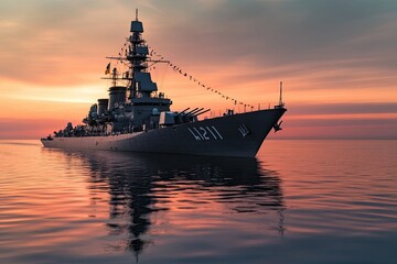 Obraz premium Warship at sunset reflecting on calm waters.