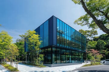 Obraz premium Modern glass office building surrounded by lush green trees on a sunny day. (1)