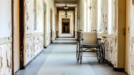 Obraz premium Empty wheelchair resting silently on a nostalgic hospital corridor, evoking thoughts of healing, resilience, and the passage of time in a place of care and recovery