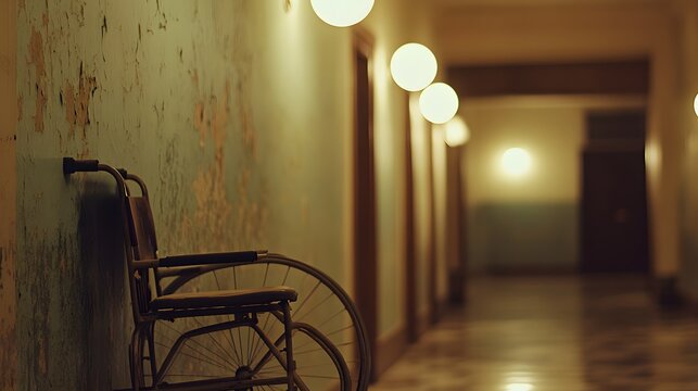 Empty wheelchair resting silently on a nostalgic hospital corridor, evoking thoughts of healing, resilience, and the passage of time in a place of care and recovery