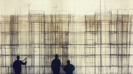 Silhouettes of workers examining large architectural blueprint, showcasing modern design elements and construction details. scene conveys sense of collaboration and creativity