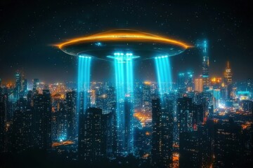 Obraz premium Strange Lights: UFO Observed in City Skyline