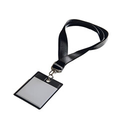 a black lanyard with a white square