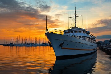 Fototapeta premium Yacht docked at sunset with calm waters and masts.