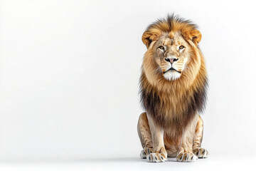 Lion sitting majestically on the ground surrounded by savannah grass, under a clear blue sky.