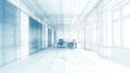 Minimalist blueprint of modern office interior with clean lines and open space. design features two chairs and desk, emphasizing simplicity and functionality
