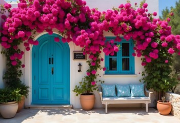 Fototapeta premium Traditional greek house with flowers in Paros island, Greece. 