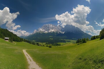 Obraz premium Dramatic Mountain Landscape with Rugged Peaks, Forests, Meadows and Cloudscape - Fictional Landscape of the Dolomites