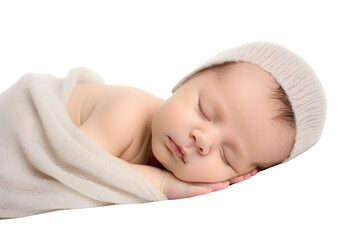 a baby sleeping in a white knitted hat