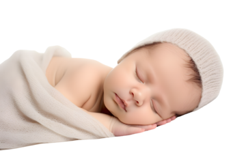 a baby sleeping in a white knitted hat