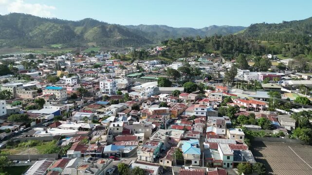 Aerial view of the town center of Constanza in the mountainous La Vega province in the Central Range of the Dominican Republic