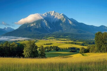 Dramatic Mountain Landscape with Rugged Peaks, Forests, Meadows and Cloudscape - Fictional Landscape of the Dolomites