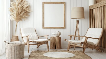 Coastal living room with two armchairs, pampas grass, and a blank frame mockup.