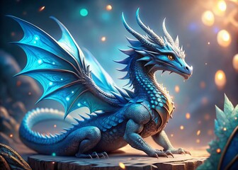 Obraz premium Crystal Blue 3D Dragon with Bokeh, Fantasy Creature, Digital Art, White Background