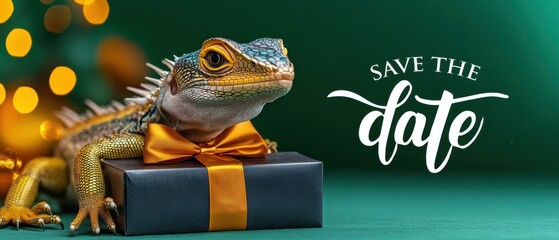 Festive Lizard with Bow Tie on Gift Box, Save the Date Holiday Card