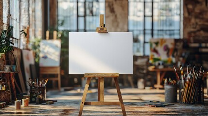 a large blank white canvas on a sturdy wooden easel standing in an art studio