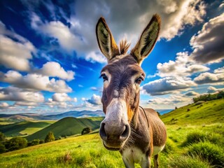 Curious Donkey Gazing Upward Under a Vast Blue Sky - Majestic Landscape Stock Photo