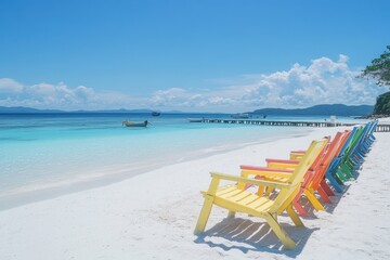 Colorful chairs on a pristine beach under a vibrant blue sky. (1)