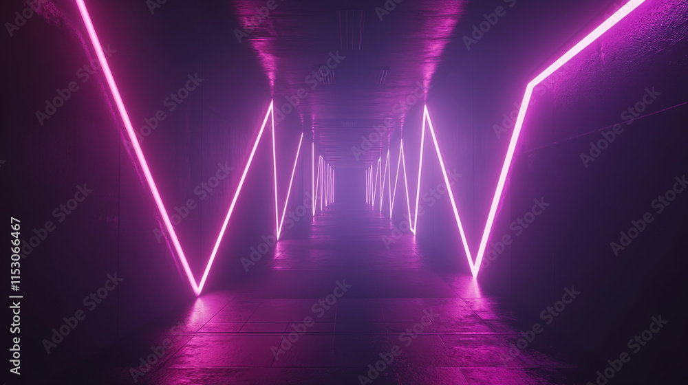 Aufkleber neon light tunnel perspective. vector realistic illustration of dark hall with triangular shape geom