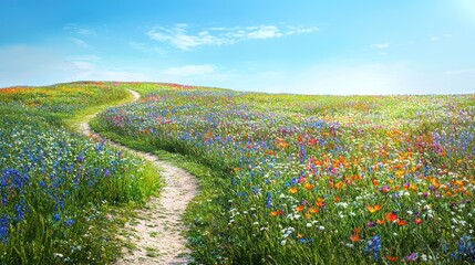 Colorful Wildflower Meadow Path Sunny Day
