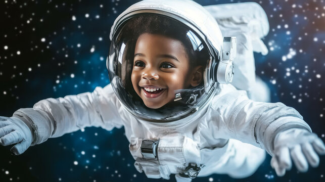 Black boy in space astronaut suit cartoon vector character. Cute little kid cosmonaut wear helmet and costume for flying, smile, lying and running clipart galaxy isolated astronut illustration set
