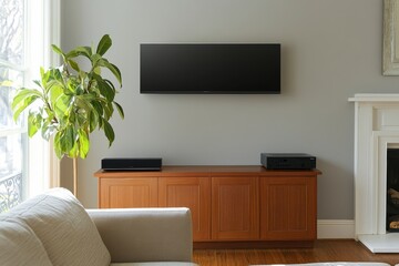 Modern living room with flat-screen TV mounted on wall above wooden cabinet, plant, and sofa.