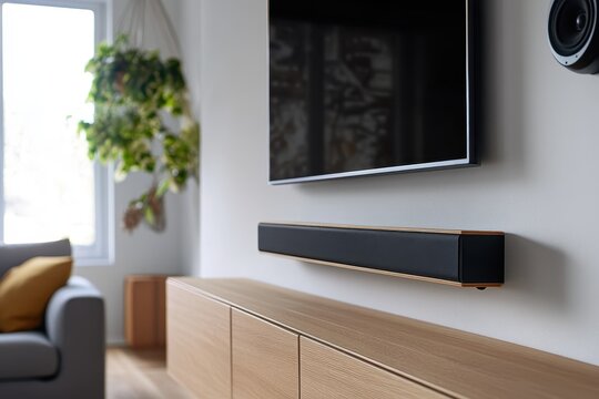 Soundbar neatly installed below a wall-mounted TV.