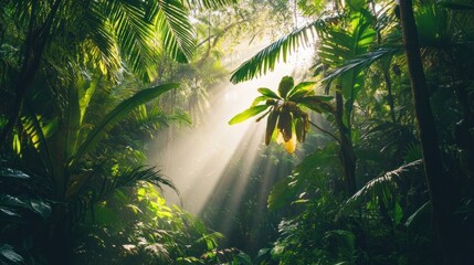 Naklejka premium A serene jungle scene with sunlight filtering through lush foliage.
