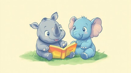 Naklejka premium Cute baby rhinoceros and elephant friends sit together on grass reading a book for early childhood education and literacy.