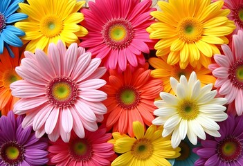 Gerberas of various varieties and colors, close up view
