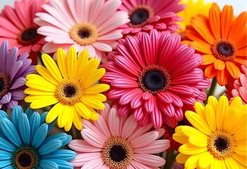 Gerberas of various varieties and colors, close up view
