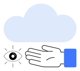 Eye, hand, blue shirt sleeve, light blue cloud. Ideal for technology, cloud computing, data storage, vision assistance foresight connectivity concepts. Line metaphor