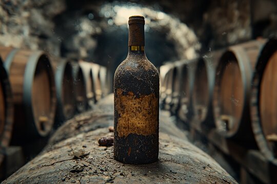 an aged wine bottle in an old abandoned wine cellar