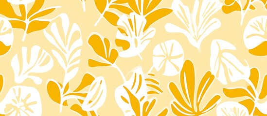 Abstract seamless pattern with yellow and white stylized leaves and flowers on a pale yellow background.