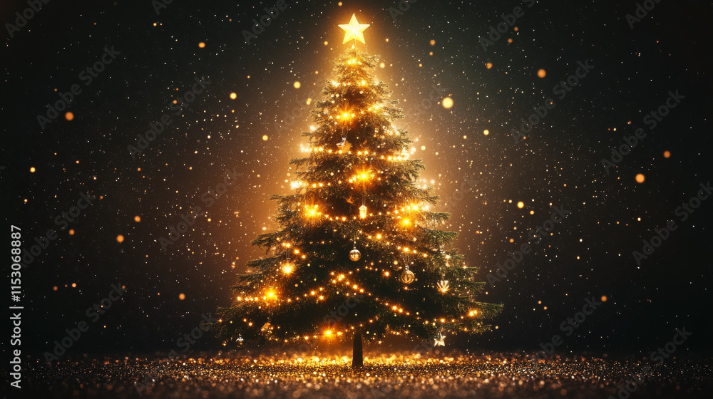Poster christmas tree made of light path and sparkles with star on top. realistic vector illustration of gl