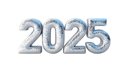 Happy new year 2025, glitter metal silver digit with transparent background, 3d illustration, celebration, holiday, calendar, number