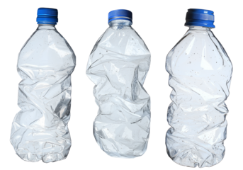 close up used transparent PET plastic water bottle on white background; sustainable environment concept.