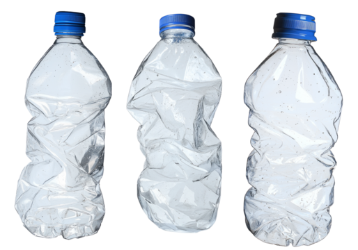 close up used transparent PET plastic water bottle on white background; sustainable environment concept.