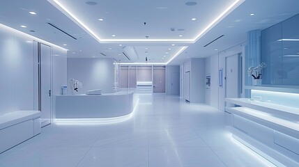 Obraz premium Sterile Modern Clinic Reception and Waiting Area with Subtle Lighting