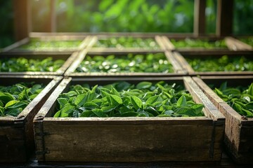 Naklejka premium bright green tea leaves in wooden crates