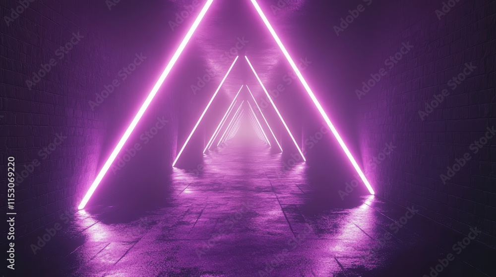Poster neon light tunnel perspective. vector realistic illustration of dark hall with triangular shape geom