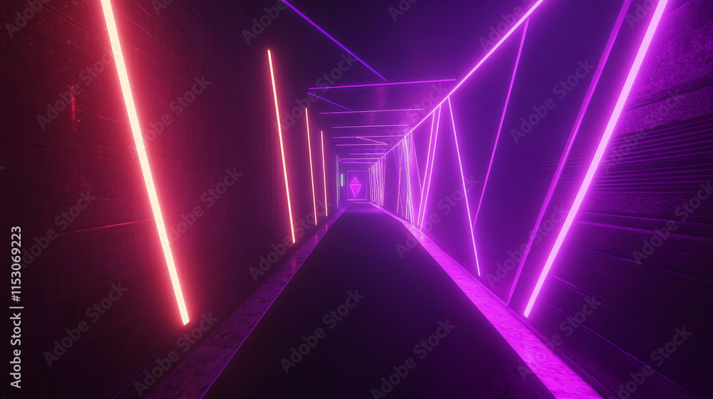 Poster neon light tunnel perspective. vector realistic illustration of dark hall with triangular shape geom