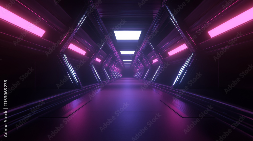 Poster neon light tunnel perspective. vector realistic illustration of dark hall with triangular shape geom