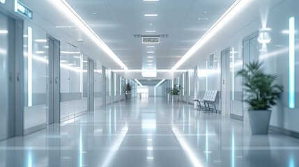 Fototapeta premium Sterile, Modern Hospital Corridor with Bright Lighting and Minimalist Design