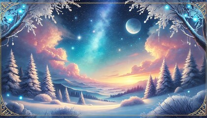 Obraz premium A serene and magical winter night landscape with a vibrant starry sky, snowy mountains, and a warm, glowing fantasy-inspired celestial background