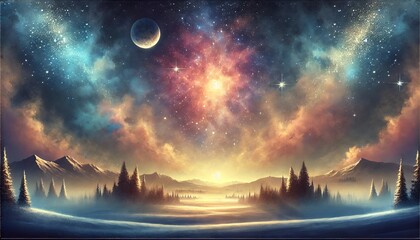 Obraz premium A Serene Winter Night Landscape Showcasing a Mystical Starry Sky and Enchanting Pastel Fantasy Sky